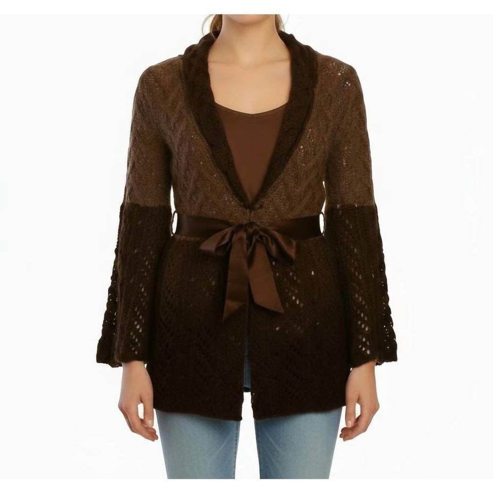 NEW M.RENA knitted bell sleeves and tie front sweater in brown